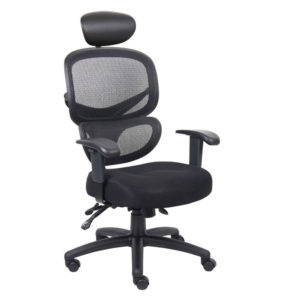 Multi-Function Mesh Task Chair w/Headrest with a black frame, mesh back, fabric seat, headrest, and adjustable armrests on casters.