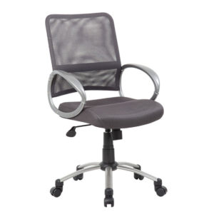 Adjustable Mesh Back W/ Pewter Finish Task Chair with cushioned seat, armrests, and five-wheeled base.