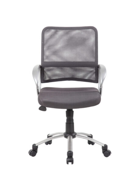 An empty Mesh Back W/ Pewter Finish Task Chair with a fabric seat, featuring armrests and a wheeled base.