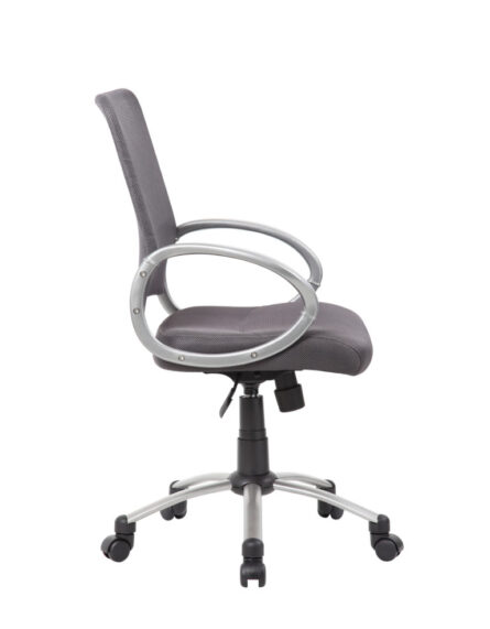 Mesh Back W/ Pewter Finish Task Chair with a cushioned seat, armrests, and a five-wheeled base, isolated on a white background.