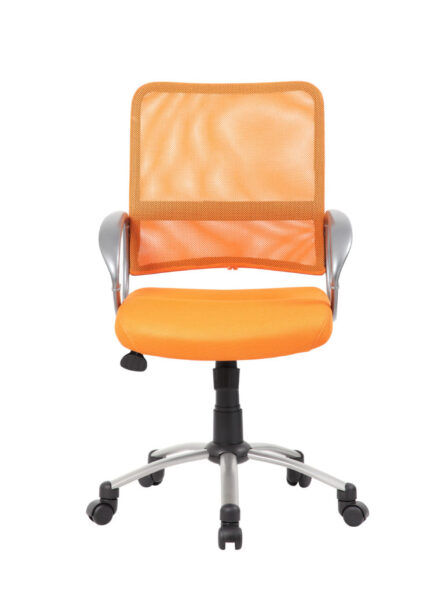 An orange Mesh Back W/ Pewter Finish Task Chair with silver armrests, set on a five-point rolling base, isolated against a white background.