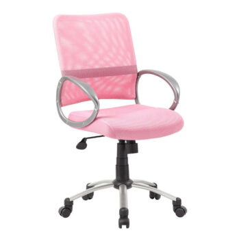 An adjustable pink Mesh Back W/ Pewter Finish Task Chair with metallic armrests on a five-wheeled base.