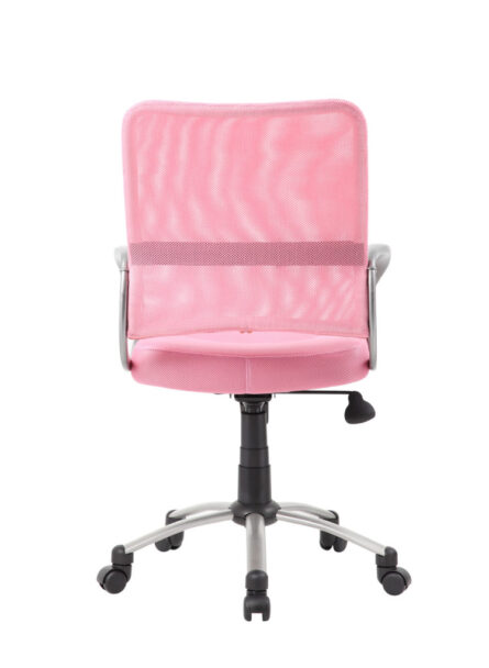 A pink office chair with a Mesh Back W/ Pewter Finish Task Chair and a chrome base on casters, isolated on a white background.