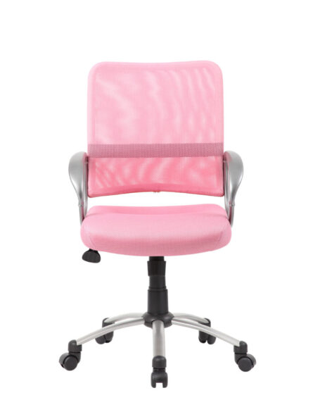 Mesh back task chair with pewter finish and chrome armrests on a five-wheel base, isolated against a white background.