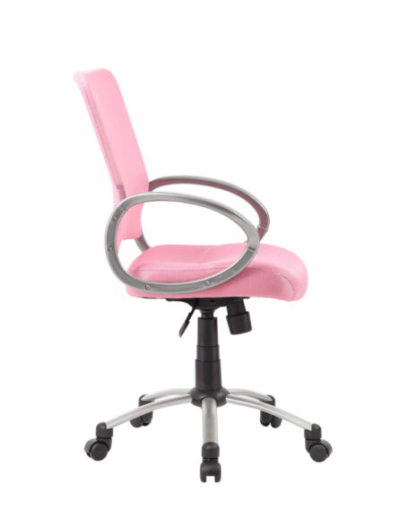 A pink Mesh Back W/ Pewter Finish Task Chair with adjustable armrests, mounted on a five-wheeled base, isolated on a white background.