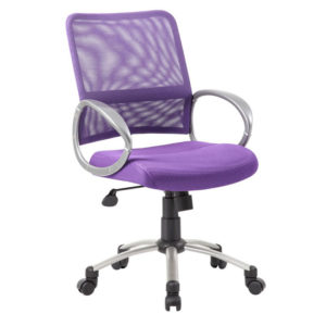 A purple Mesh Back W/ Pewter Finish Task Chair with a fabric seat, featuring armrests and a five-wheeled base.