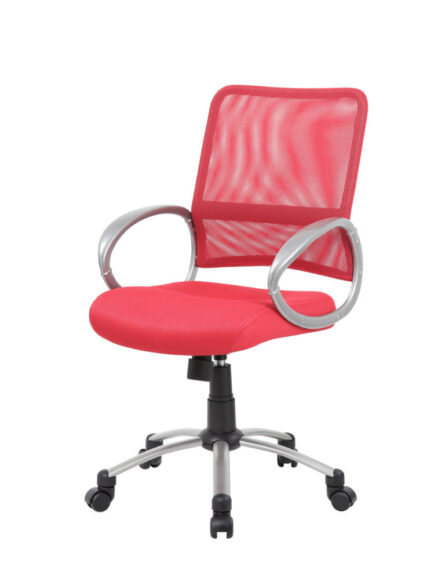 Red Mesh Back W/ Pewter Finish Task Chair with armrests, mounted on a wheeled base, isolated on a white background.