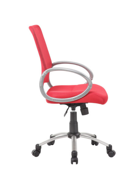 Mesh back task chair with chrome armrests on a five-wheeled base, isolated on a white background.