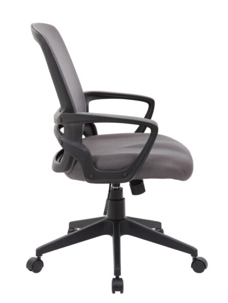 Mesh Task Chair, Grey with adjustable armrests and wheels, featuring a black frame, isolated on a white background.