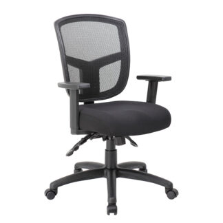 Black office chair with mesh backrest.