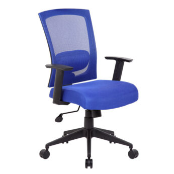 Blue ergonomic Mesh Back Task Chair with adjustable armrests on a five-wheeled base.