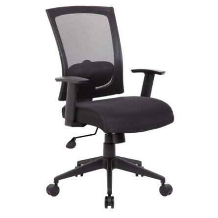 Mesh back task chair with adjustable arms and five-wheeled base.