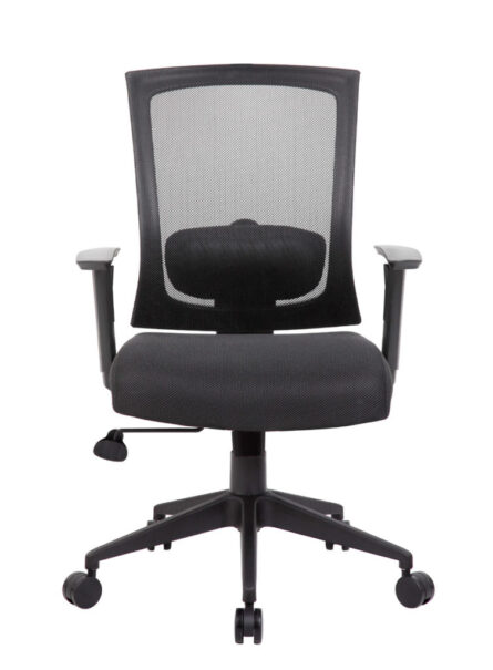 Black ergonomic Mesh Back Task Chair with adjustable armrests on wheels, isolated on a white background.