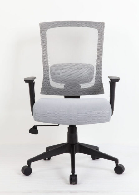 An ergonomic Mesh Back Task Chair with gray upholstery and a mesh backrest, featuring adjustable armrests and a black wheeled base, set against a white background.