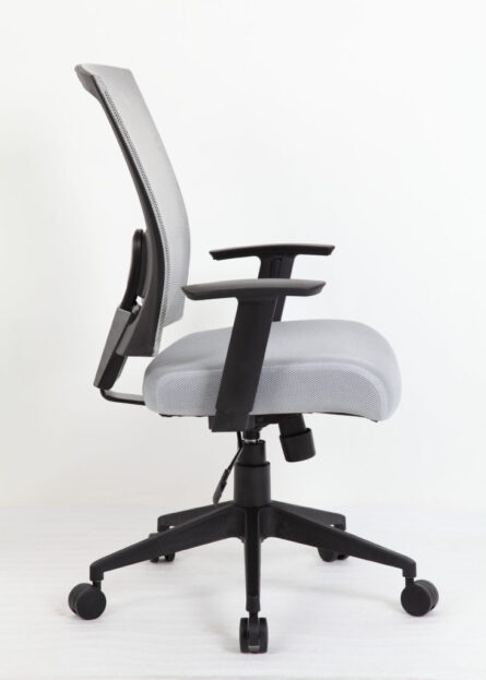 Modern Mesh Back Task Chair with adjustable armrests, gray mesh backrest, and seat on a black wheeled base against a white background.