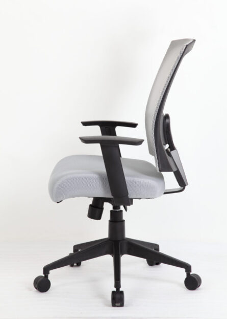 Mesh Back Task Chair with adjustable armrests and a black base, featuring a gray upholstered seat and backrest against a white background.