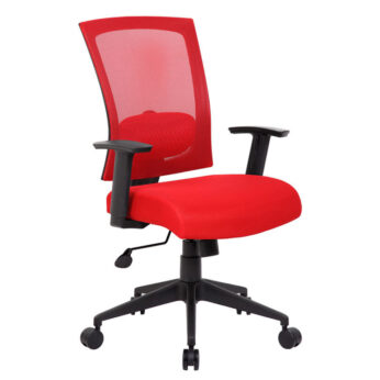 Red ergonomic Mesh Back Task Chair with adjustable armrests on wheels, against a white background.