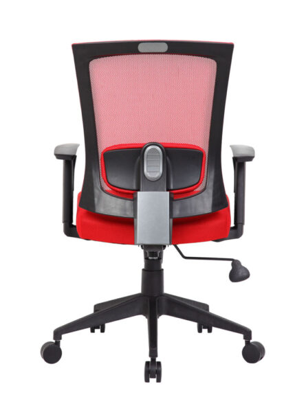 Mesh Back Task Chair with red and black mesh back, black armrests, and five-wheeled base, viewed from the front on a white background.