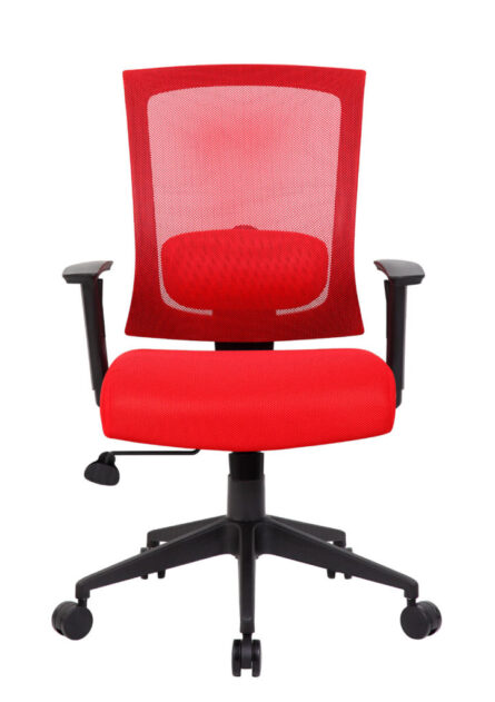 Red ergonomic Mesh Back Task Chair with adjustable armrests on a five-wheeled base, isolated on a white background.