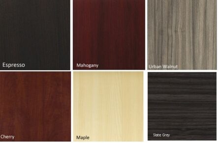 Six labeled wood samples displaying different colors and textures, including espresso, mahogany, urban walnut, Cherry Bow Front Workstation Desk, maple, and slate grey.