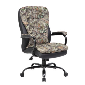 Heavy Duty Double Plush Mossy Oak Chair-400 Lbs with a camouflage pattern on the seat and backrest, black armrests and base, on a white background.