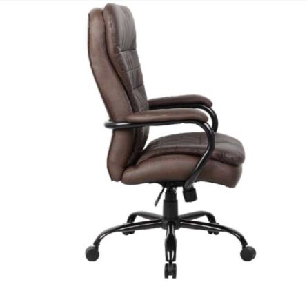 An ergonomic Heavy Duty Double Plush LeatherPlus Chair-400 Lbs with padded armrests and a black wheeled base.