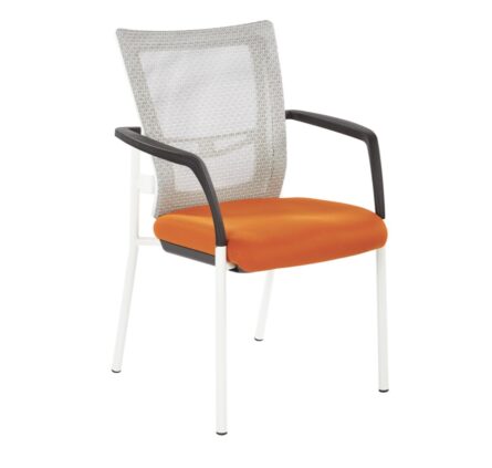 A modern office chair with a ProGrid Mesh Back with Padded Fabric Seat Visitor's Chair with Arms and White Finish Frame.