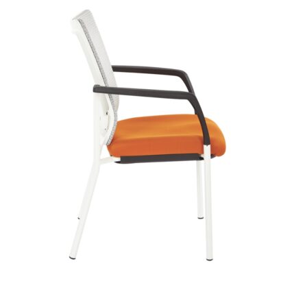 Modern ProGrid Mesh Back with Padded Fabric Seat Visitor's Chair with Arms and White Finish Frame, set against a white background.