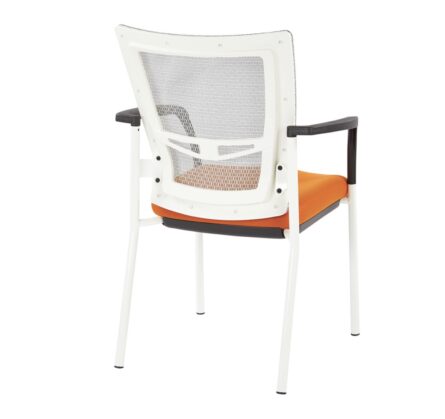 Modern ProGrid Mesh Back with Padded Fabric Seat Visitor's Chair with Arms and White Finish Frame, isolated on a white background.