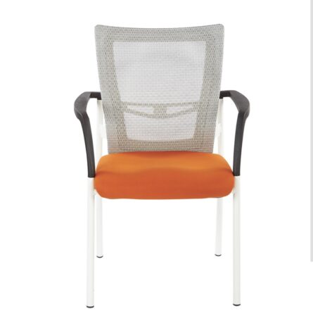 A ProGrid Mesh Back with Padded Fabric Seat Visitor's Chair with Arms and White Finish Frame with orange cushion and white metal frame isolated on a white background.