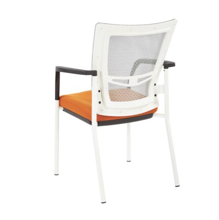 ProGrid Mesh Back with Padded Fabric Seat Visitor's Chair with Arms and White Finish Frame with a mesh back, and orange cushioned seat, isolated on a white background.