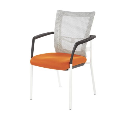 ProGrid Mesh Back with Padded Fabric Seat Visitor's Chair with Arms and White Finish Frame with orange cushion on a white background.