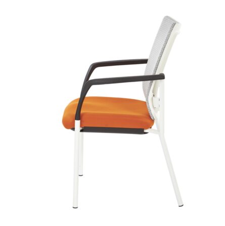 Side view of a ProGrid Mesh Back with Padded Fabric Seat Visitor's Chair with Arms and White Finish Frame with black armrests and orange cushioned seat.