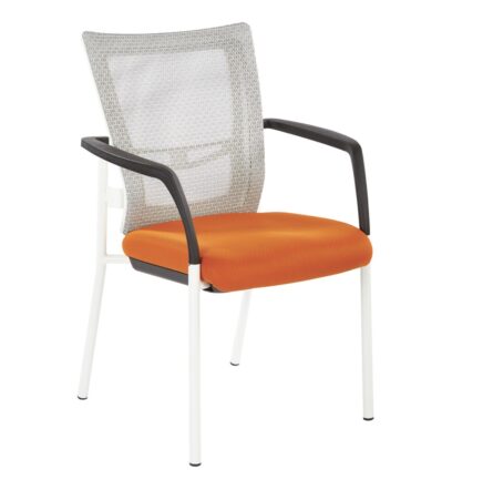 ProGrid Mesh Back with Padded Fabric Seat Visitor's Chair with Arms and White Finish Frame, isolated on a white background.