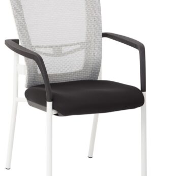 Modern office chair ProGrid Mesh Back with Padded Fabric Seat Visitor's Chair with Arms and White Finish Frame, isolated on a white background.