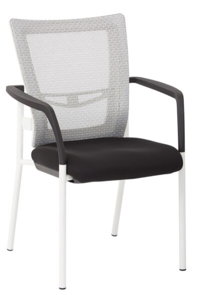 Modern office chair ProGrid Mesh Back with Padded Fabric Seat Visitor's Chair with Arms and White Finish Frame, isolated on a white background.