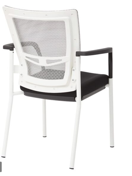 A modern ProGrid Mesh Back with Padded Fabric Seat Visitor's Chair with Arms and White Finish Frame against a white background.