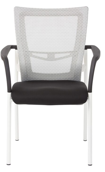 An office chair with a ProGrid Mesh Back with Padded Fabric Seat Visitor's Chair with Arms and White Finish Frame, featuring armrests.