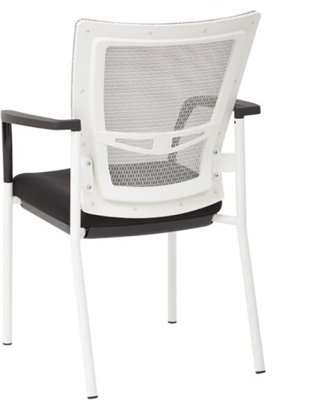 A ProGrid Mesh Back with Padded Fabric Seat Visitor's Chair with Arms and White Finish Frame on a white background.