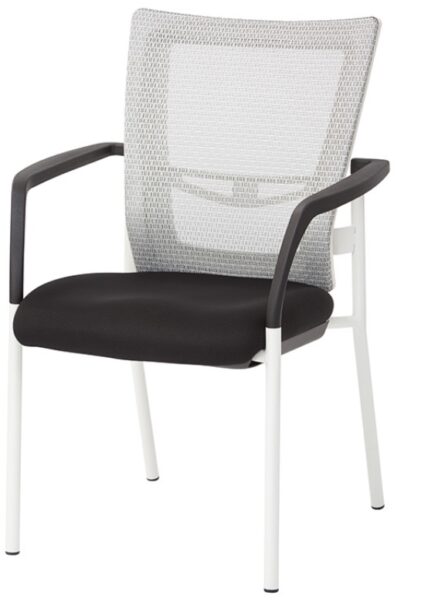 Modern ProGrid Mesh Back with Padded Fabric Seat Visitor's Chair with Arms and White Finish Frame, isolated on a white background.