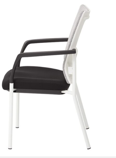 Modern ProGrid Mesh Back with Padded Fabric Seat Visitor's Chair with Arms and White Finish Frame, positioned against a plain white background.