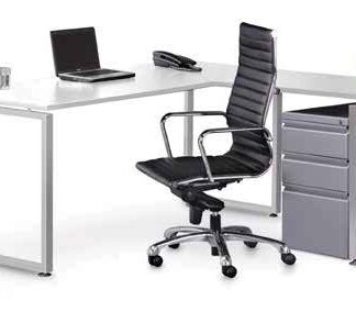 Modern office Elements L shaped desk setup with a laptop, black office chair, and a mobile pedestal drawer unit on a white background.