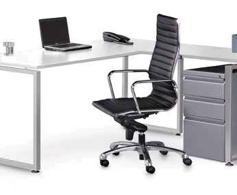 Modern office Elements L shaped desk setup with a laptop, black office chair, and a mobile pedestal drawer unit on a white background.