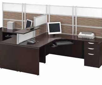 Collaborative 2 Desk Unit setup with dark brown desks, computers, and partition screens.