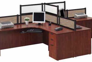 Modern office cubicle setup featuring 2 Desk Collaborative Unit with Dividing Panels, partitioned by black dividers, and equipped with computers, phones, and office supplies.
