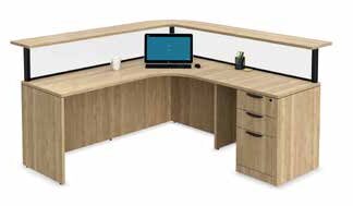 An Reception Station with Glass Panels with a computer, monitor, and stationery items, set against a white background.