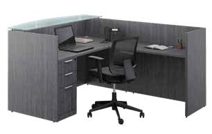 Reception Station with Glass Transaction Counter in a gray finish, equipped with partitions, featuring a black rolling chair, laptop, and notepad.