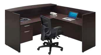 Standard Reception Station with Return with an ergonomic black chair and a laptop, isolated on a white background.