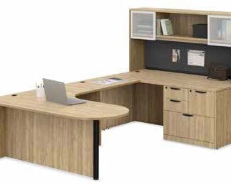 Wooden L-shaped office desk with hutch.
