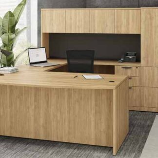 Modern wooden office desk with storage cabinets.